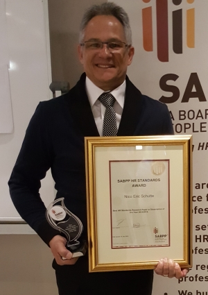 Prof Nico Schutte from the Faculty of Commerce and Administration on the North-West University´s (NWU´s) Mafikeng Campus received a prestigious award for best PhD and research publication in human resource management. The award was presented by the South African Board for People Practices (SABPP) at a function held at Vodaworld in Johannesburg on 27 July 2016.